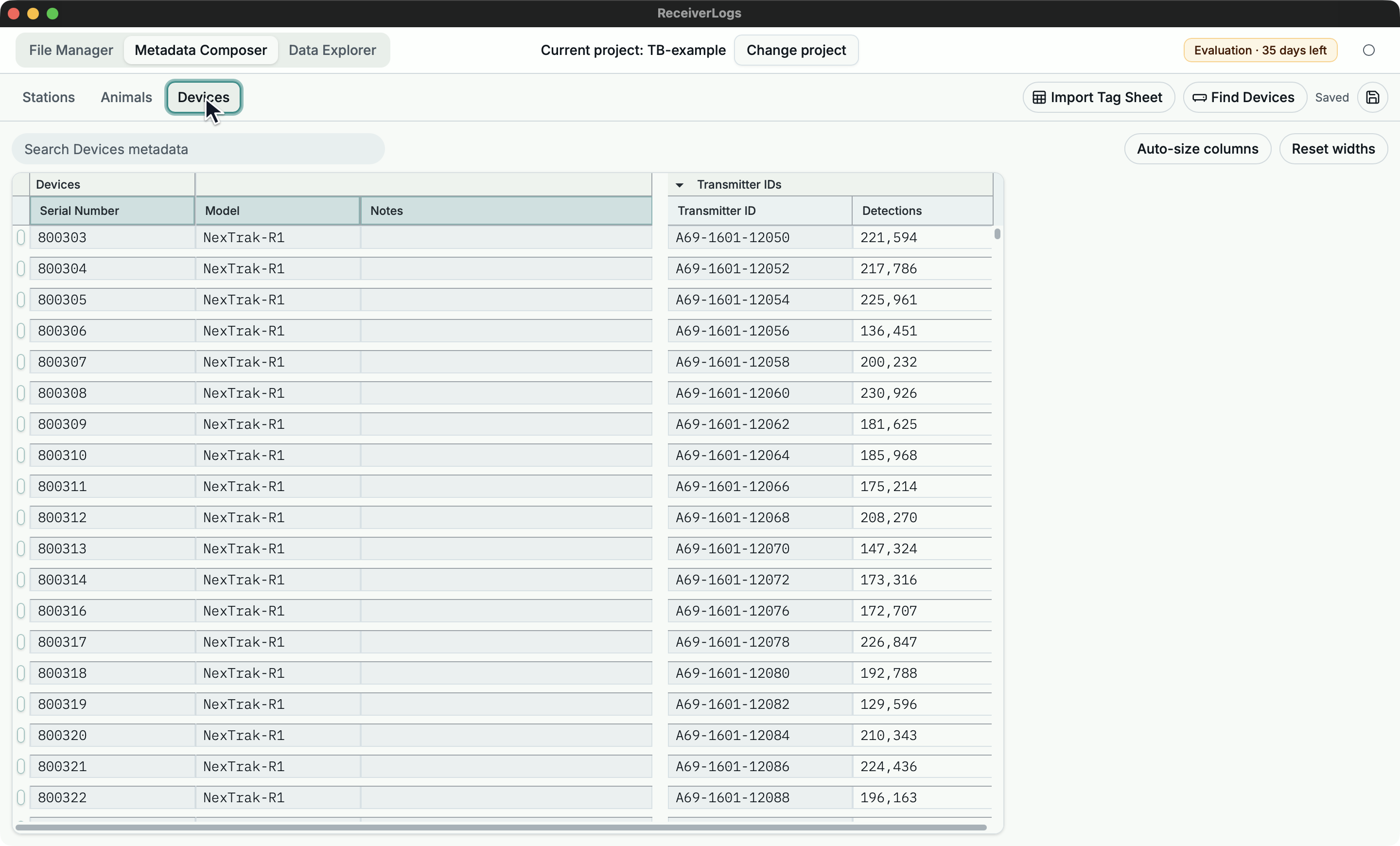 Devices workbench showing Device serials, transmitter IDs, and read-only detection counts