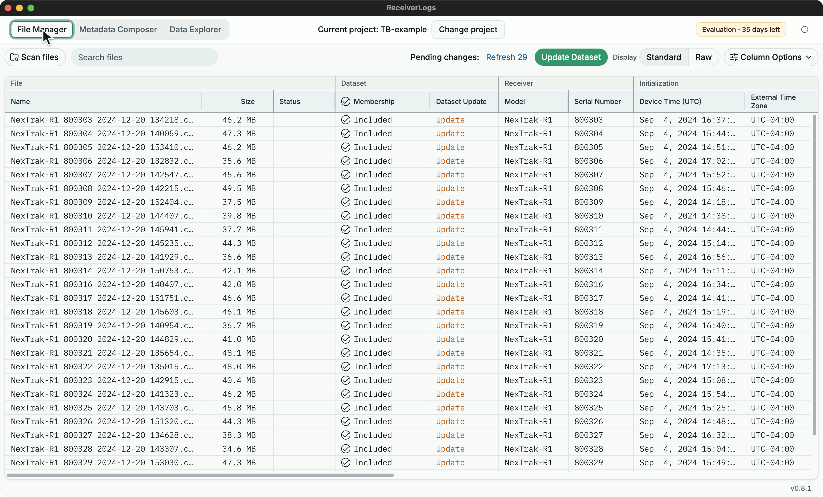 File Manager showing receiver-log files selected for addition to the Dataset