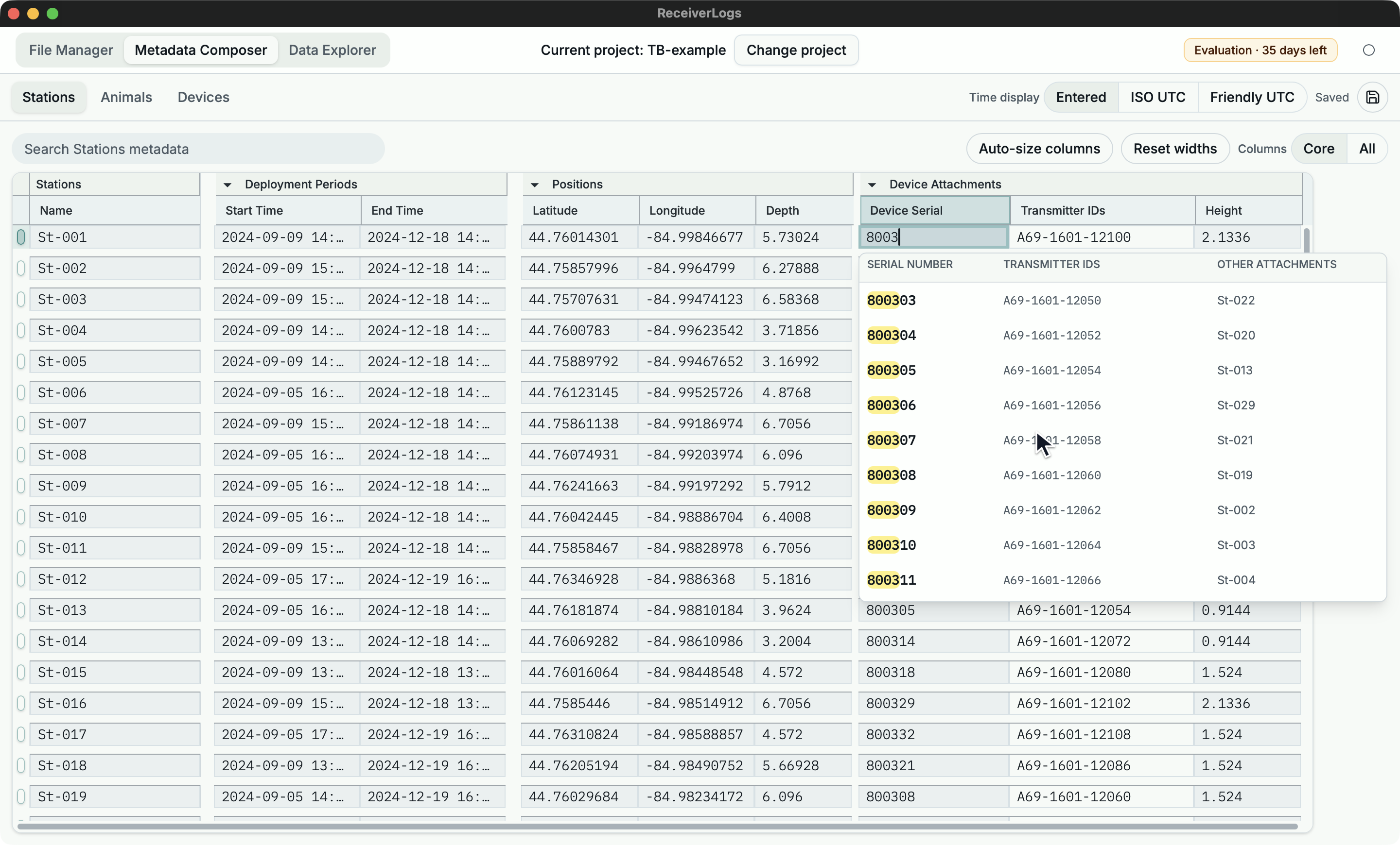 Device lookup showing serial numbers, transmitter IDs, and other attachment hosts