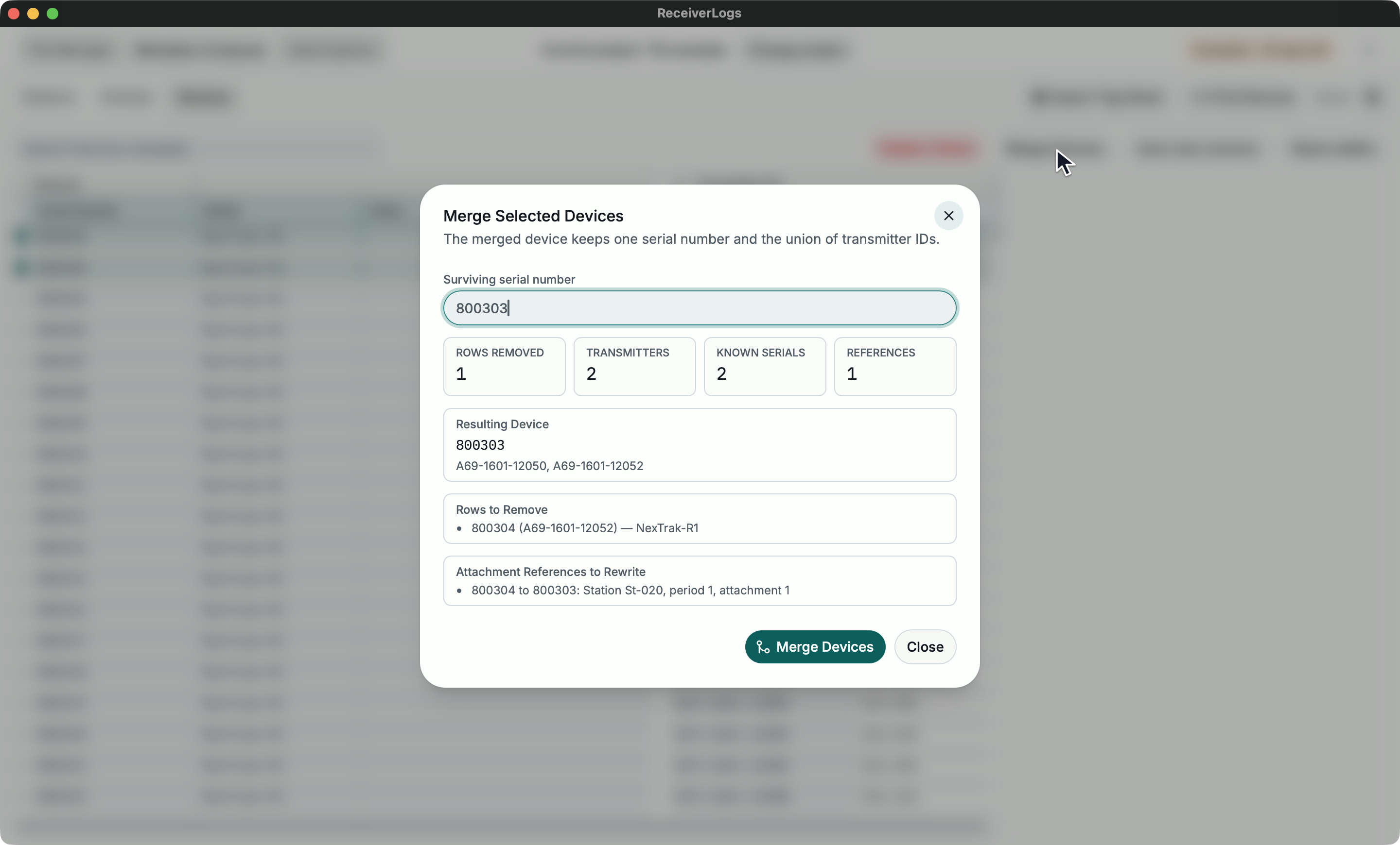 Merge Selected Devices preview showing the surviving serial, combined transmitter IDs, and attachment changes