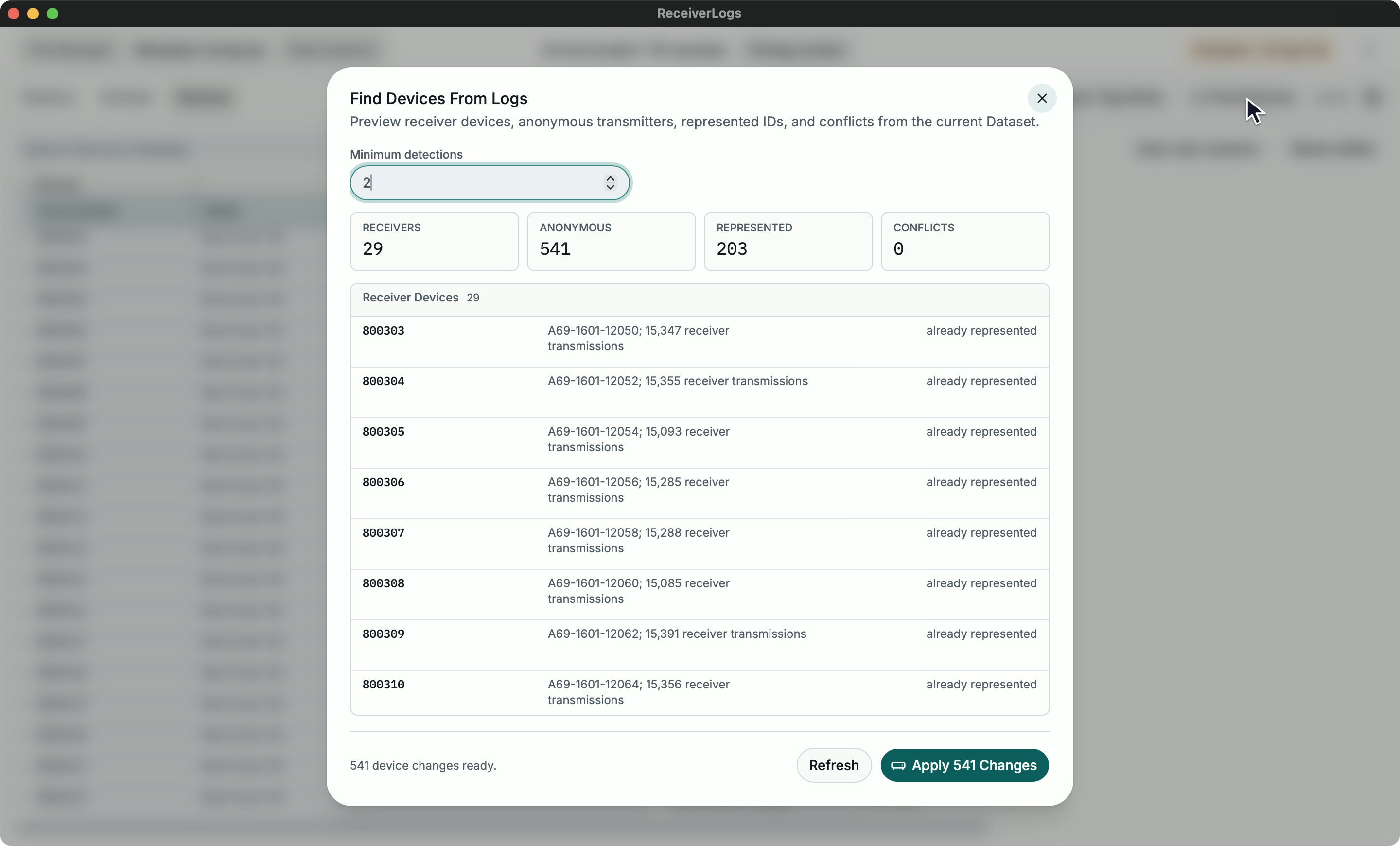 Find Devices From Logs preview showing evidence totals, minimum detections, and proposed receiver Devices