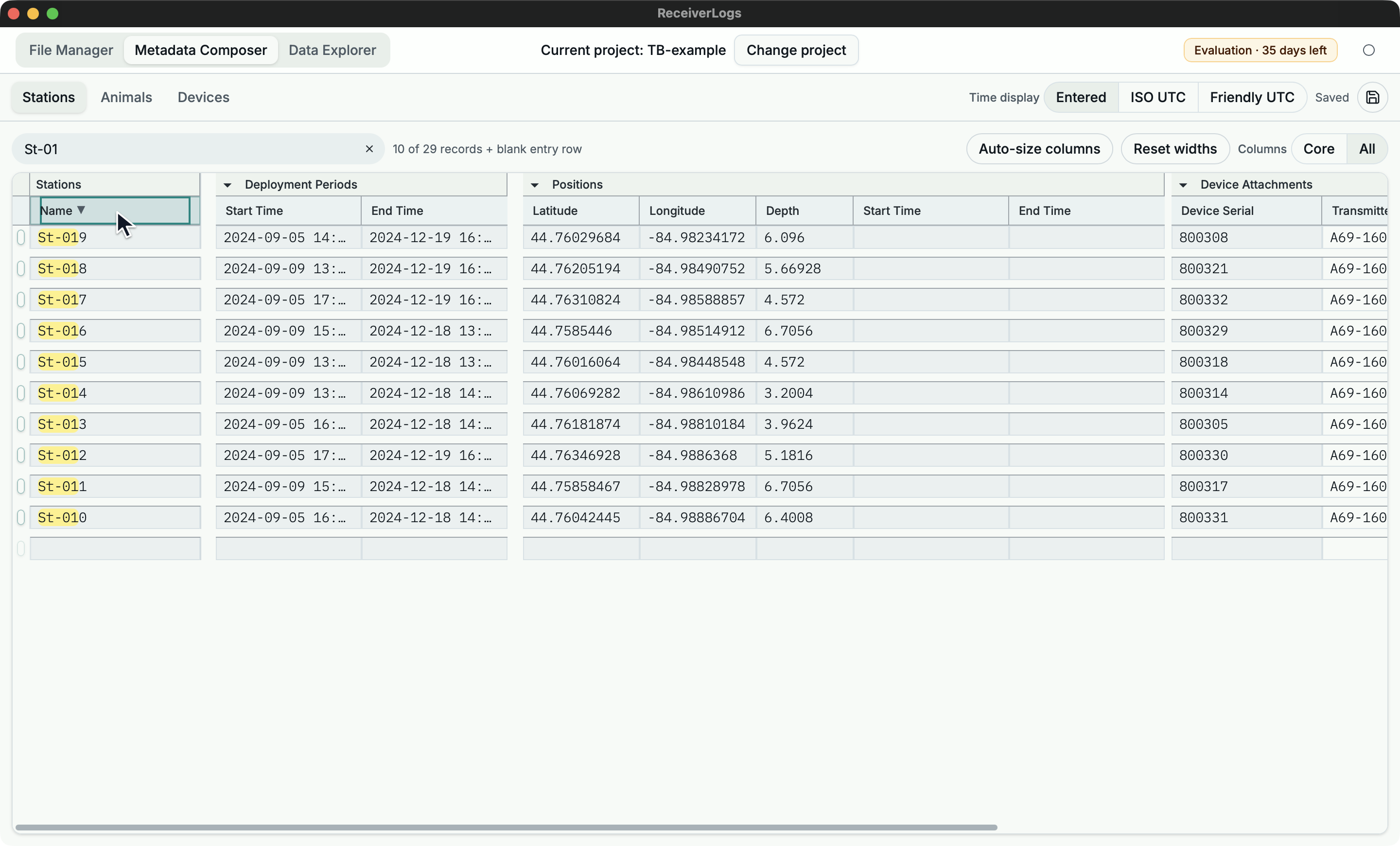 Stations table filtered by search, using All columns and descending Name order