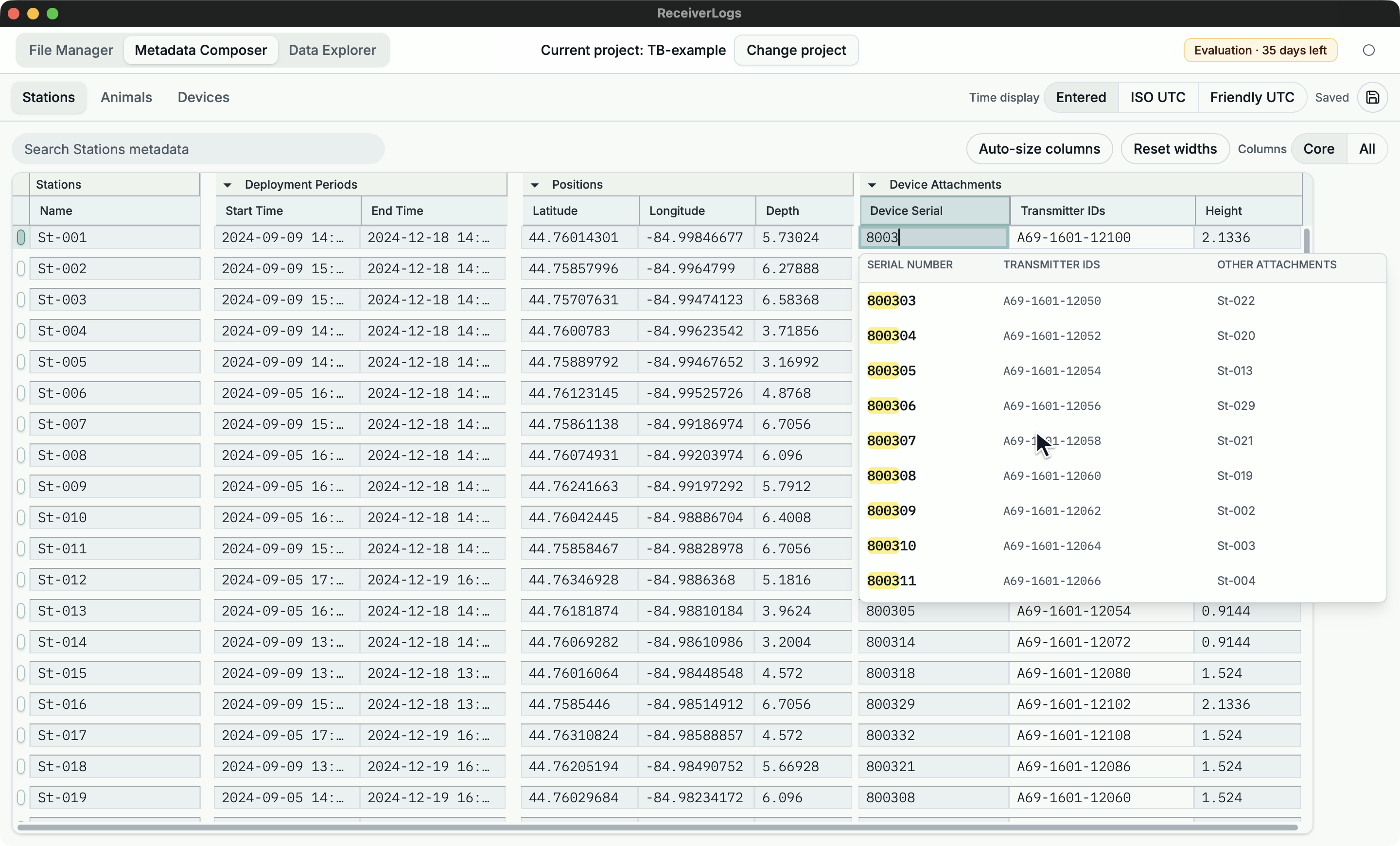 Device lookup showing serial numbers, transmitter IDs, and other attachment hosts