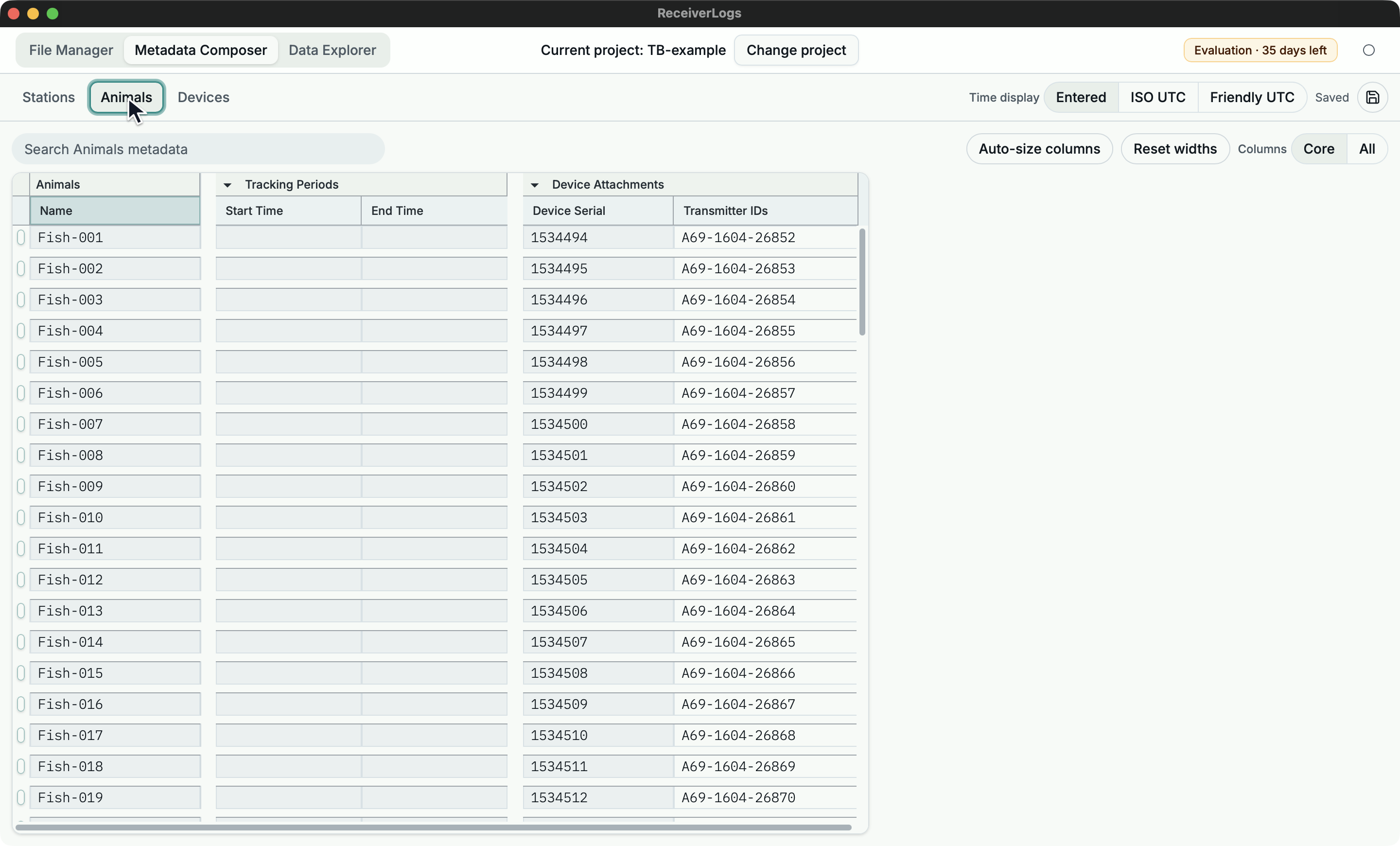 Animal metadata table showing tracked animals, tracking periods, and tag device attachments.