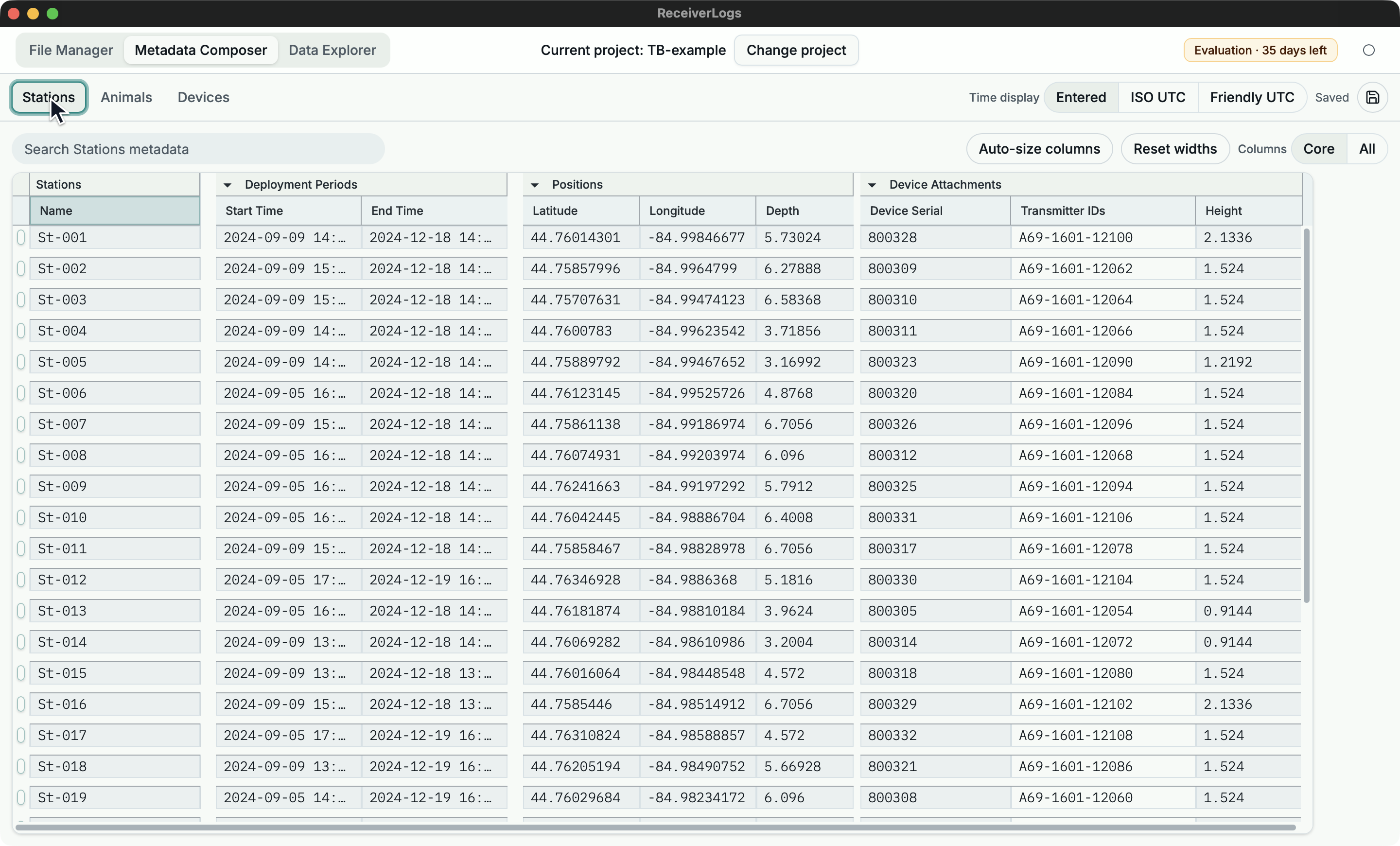 Station metadata table showing deployment periods, positions, and device attachments.